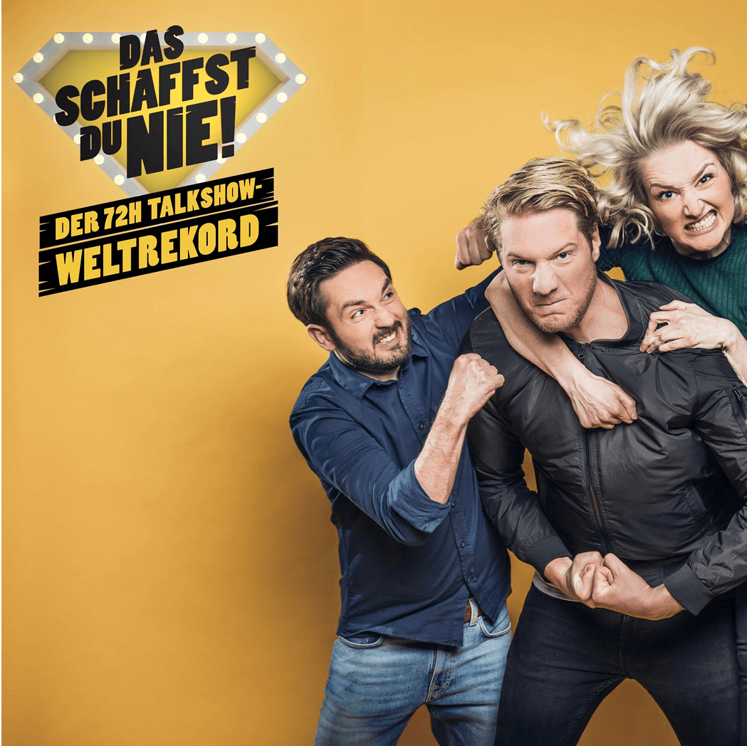 Format Cover von 'Das schaffst du nie'. Gelber Hintergrund mit drei Personen